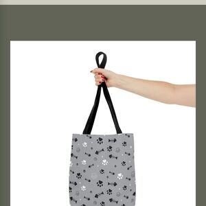 Stylish Paw Print Themed Gray Tote Bag with Black Handles